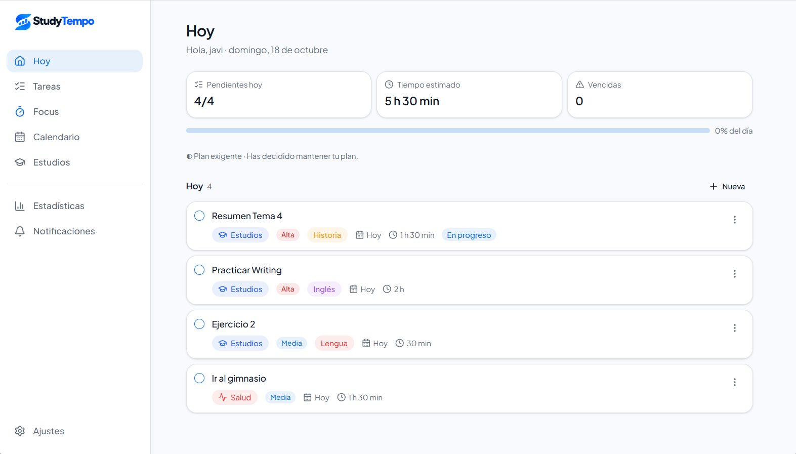 Captura original de Hoy: cuatro tareas con sus asignaturas, prioridades y duración estimada