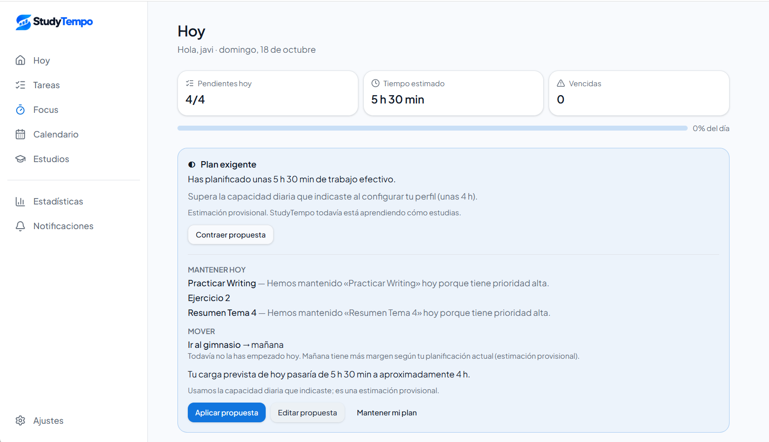 Captura original de Reality Check con un plan exigente y las opciones Aplicar propuesta, Editar propuesta y Mantener mi plan