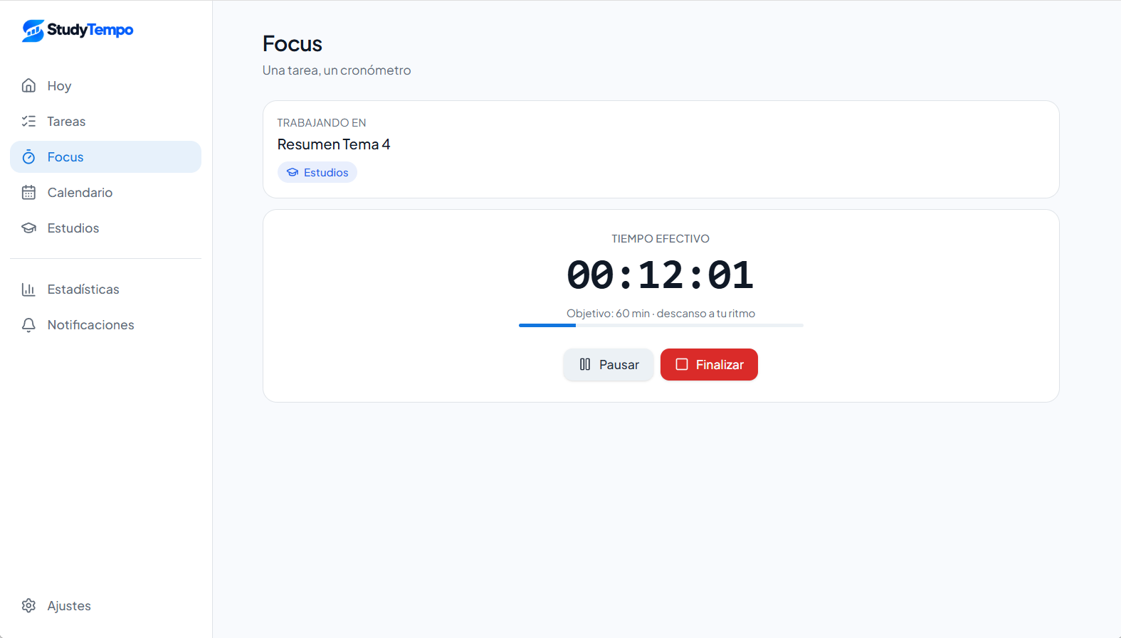 Captura original de Focus con una sesión de Resumen Tema 4 y su tiempo efectivo