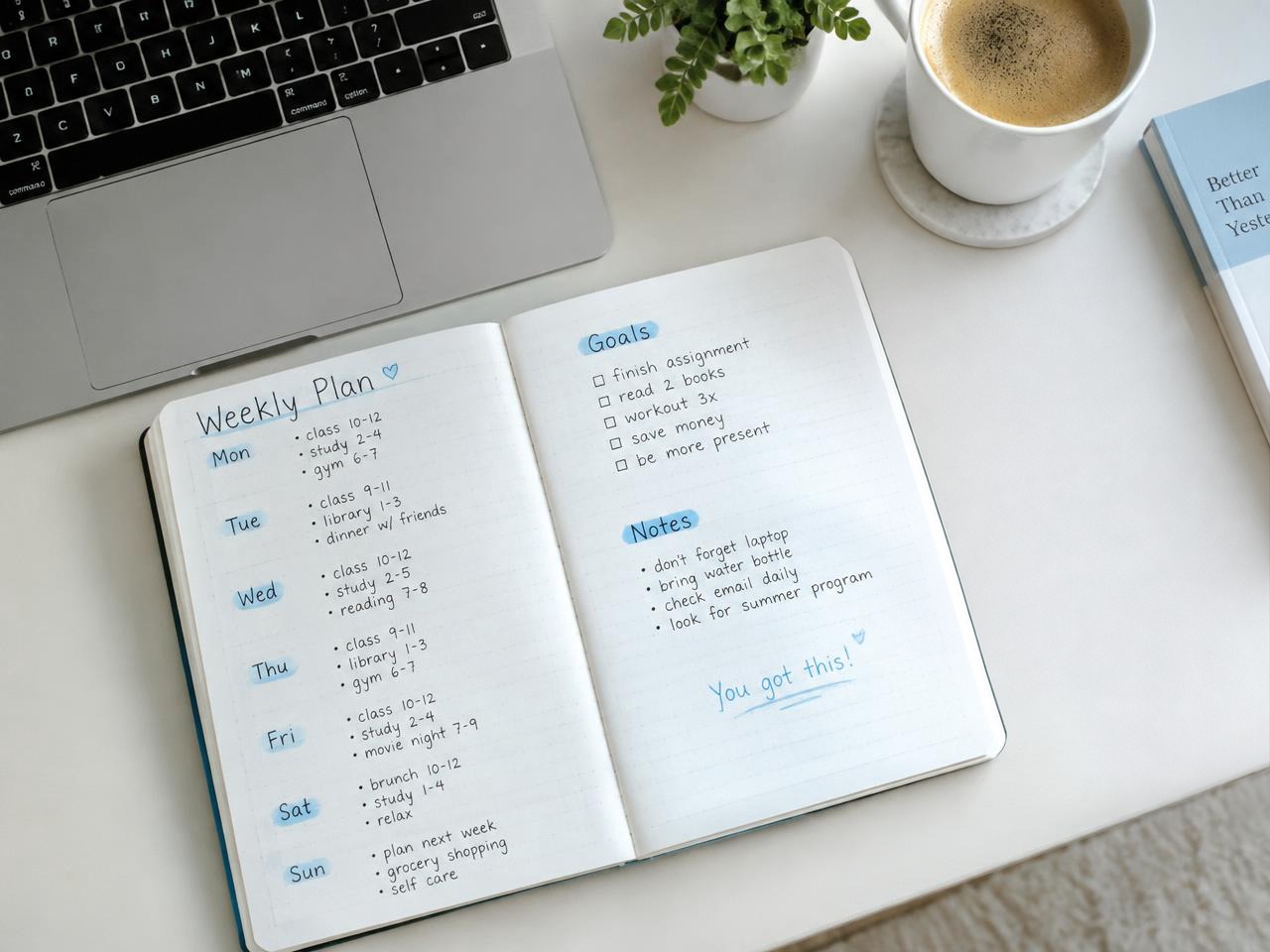 Escritorio con un cuaderno de planificación semanal y rotuladores azules